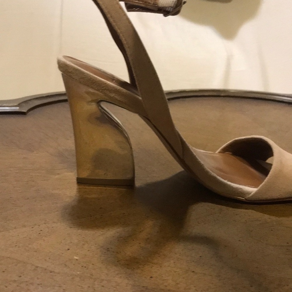 Tan suede sling backs with silver heel
